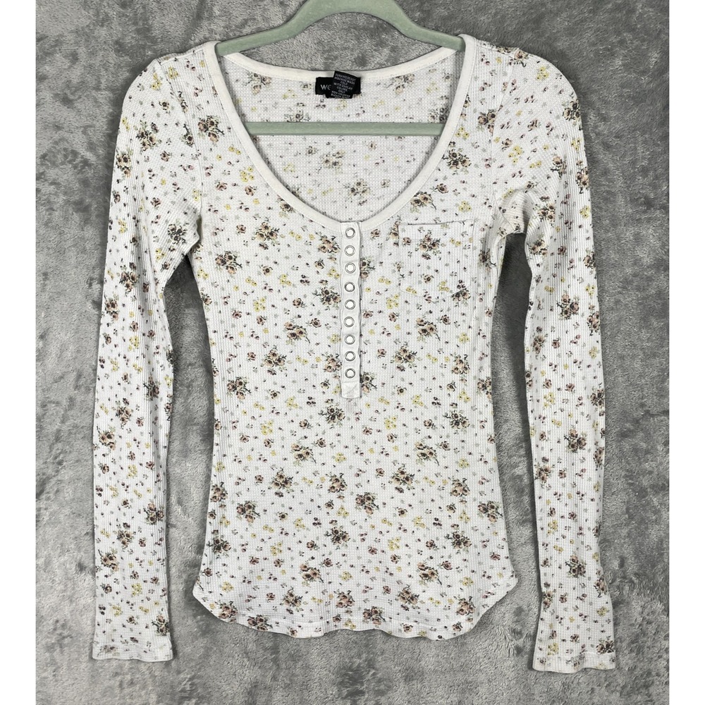 VTG Y2K Wet Seal Waffle Knit Henley Top Shirt Womens Small Cream Floral Dainty